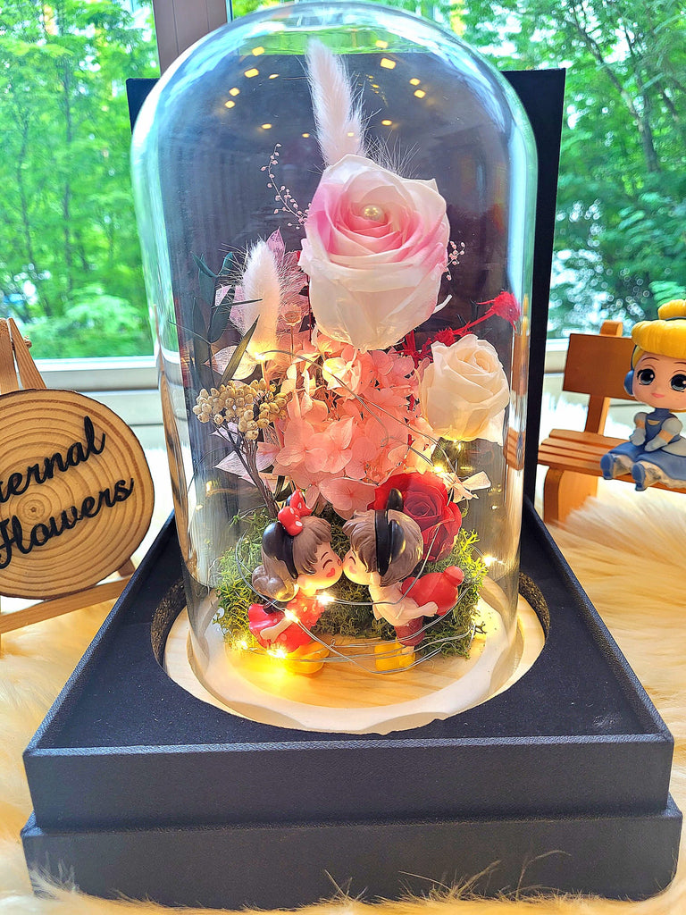Eternal Couple V2 Preserved Flower Dome With Pink Roses And Same Day Delivery
