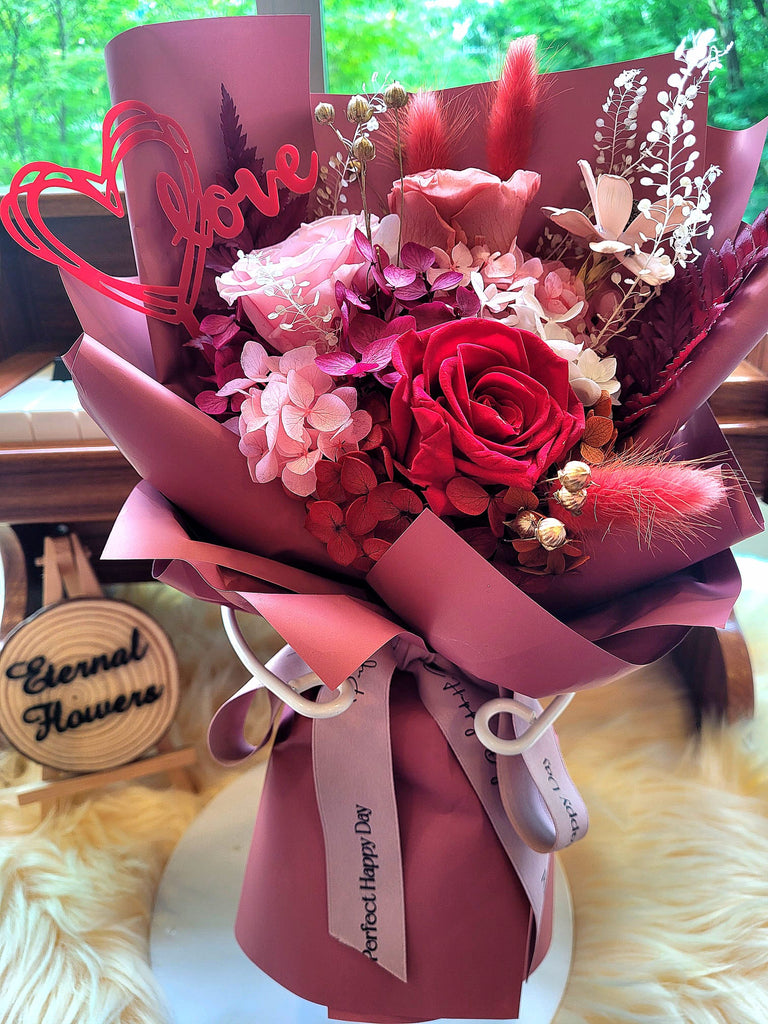 Eternal Elegance Red Pink Preserved Roses Bouquet. 100% High Quality Real Flowers.