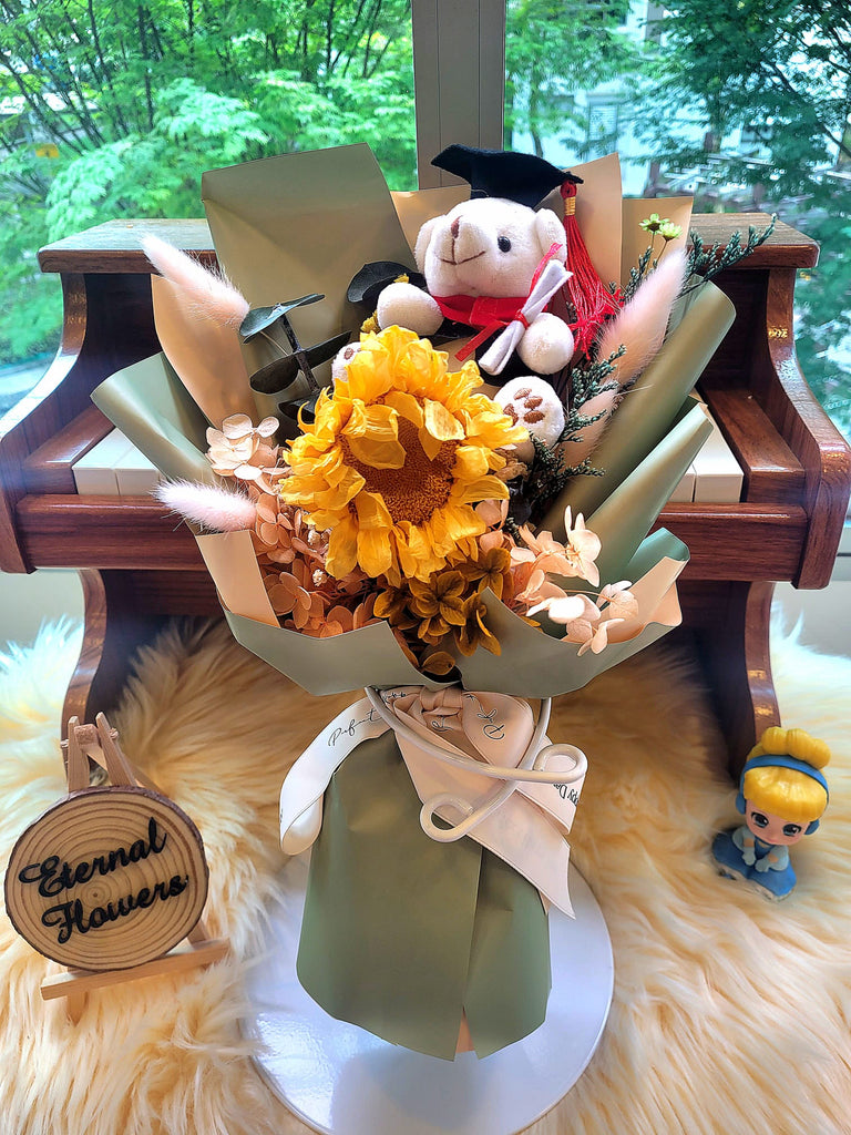Graduation Bouquet: Eternal Blossoms Preserved Sunflower With Teddy Bear v2