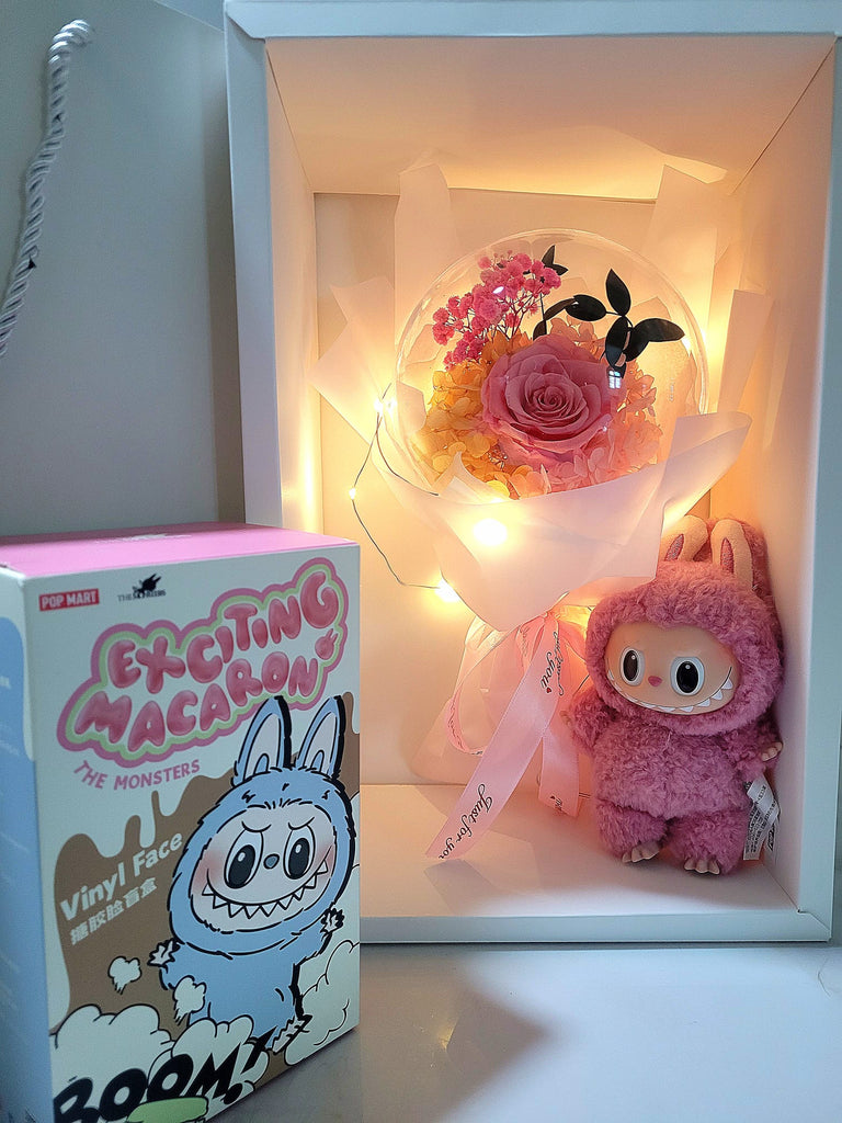 AUTHENTIC LABUBU Plush with Acrylic Ball Preserved Pink Rose Flowers Bouquet