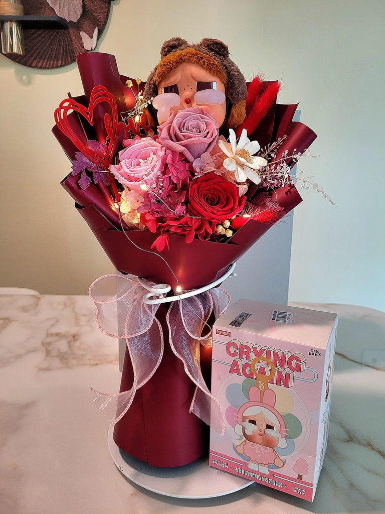 AUTHENTIC CRYBABY Plush with Eternal Elegance Red Preserved Flowers Bouquet