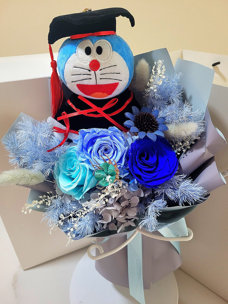 Graduation Bouquet: Eternal Elegance Blue Preserved Roses With Doraemon