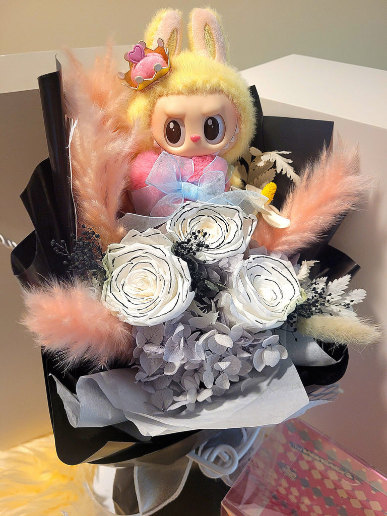 AUTHENTIC Let's Checkmate Labubu Plush With Timeless Romance Chanel White Preserved Roses Bouquet
