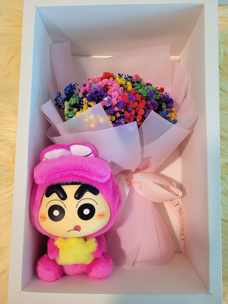 Eternal Blossoms Baby's Breath Bouquet And Crayon Shin-Chan Vinyl Plush Toy.  Same Day Delivery.