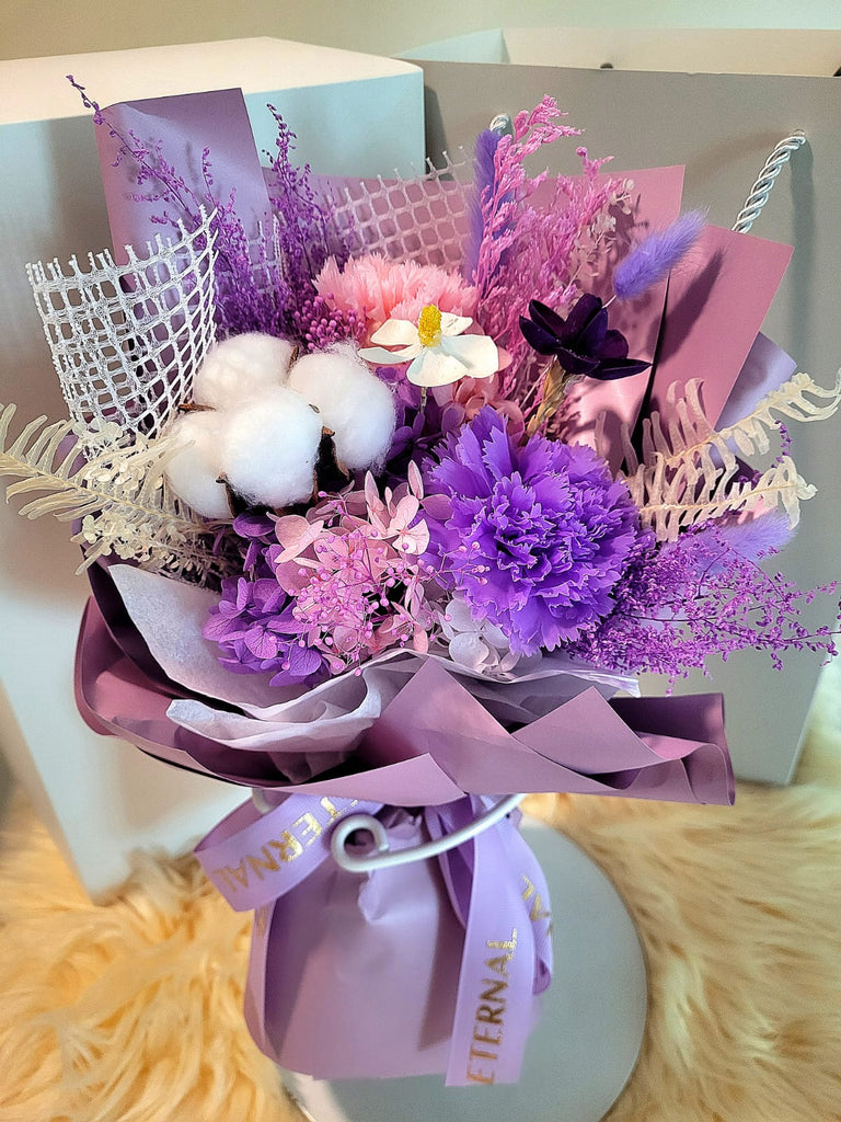 Eternal Blossoms Preserved Purple Carnation Bouquet.  100% High Quality Real Flowers. Same Day Delivery.