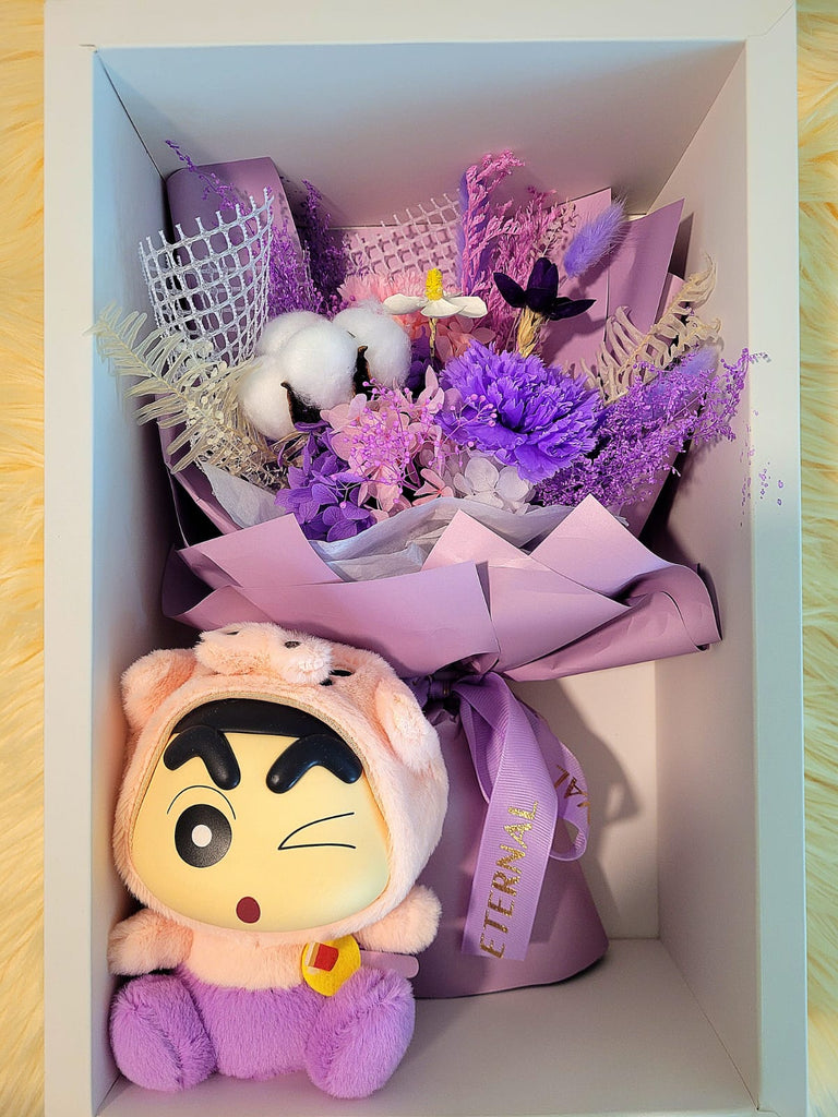 Eternal Blossoms Preserved Purple Carnation Bouquet And Crayon Shin-Chan Vinyl Plush Toy.  Same Day Delivery.