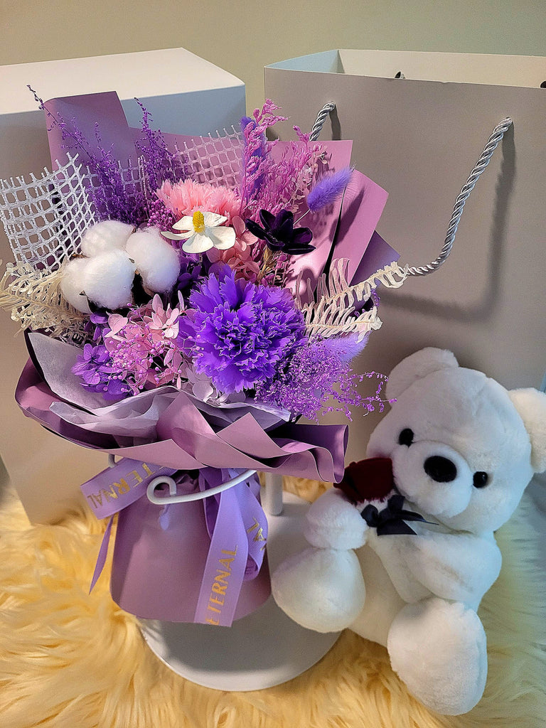 Eternal Blossoms Preserved Purple Carnation Bouquet With Cute Teddy Bear. Same Day Delivery.