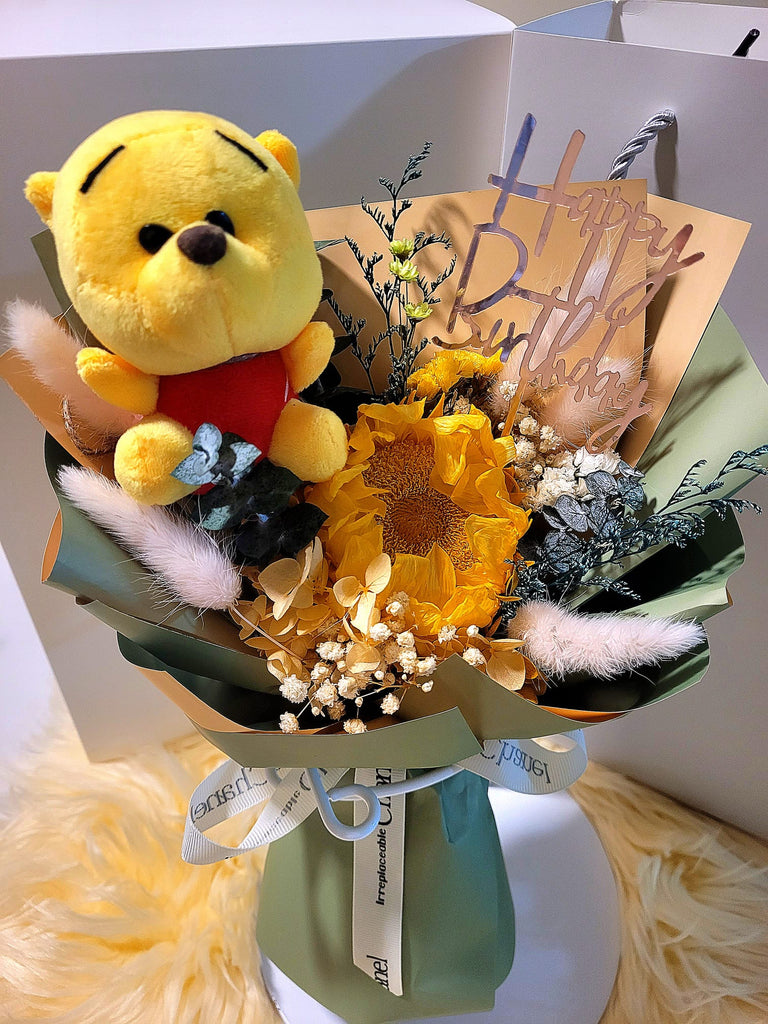 Eternal Blossoms Preserved Sunflower Bouquet With Winnie The Pooh Plush Toy.  Same Day Delivery