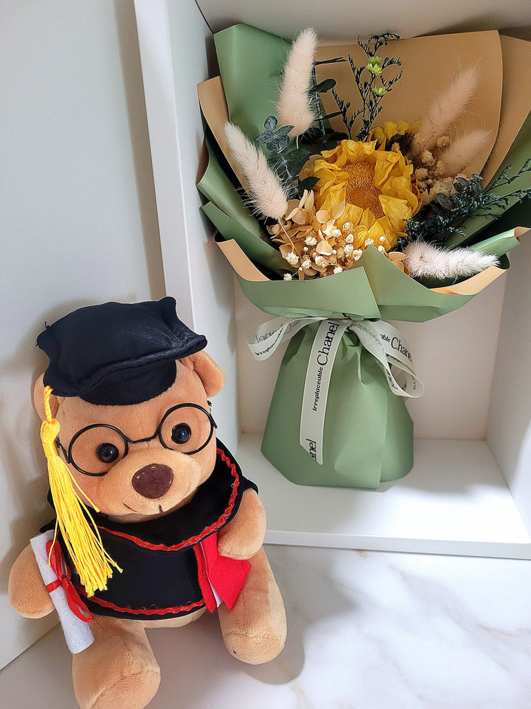 Graduation Bouquet: Eternal Blossoms Preserved Sunflower With Teddy Bear.