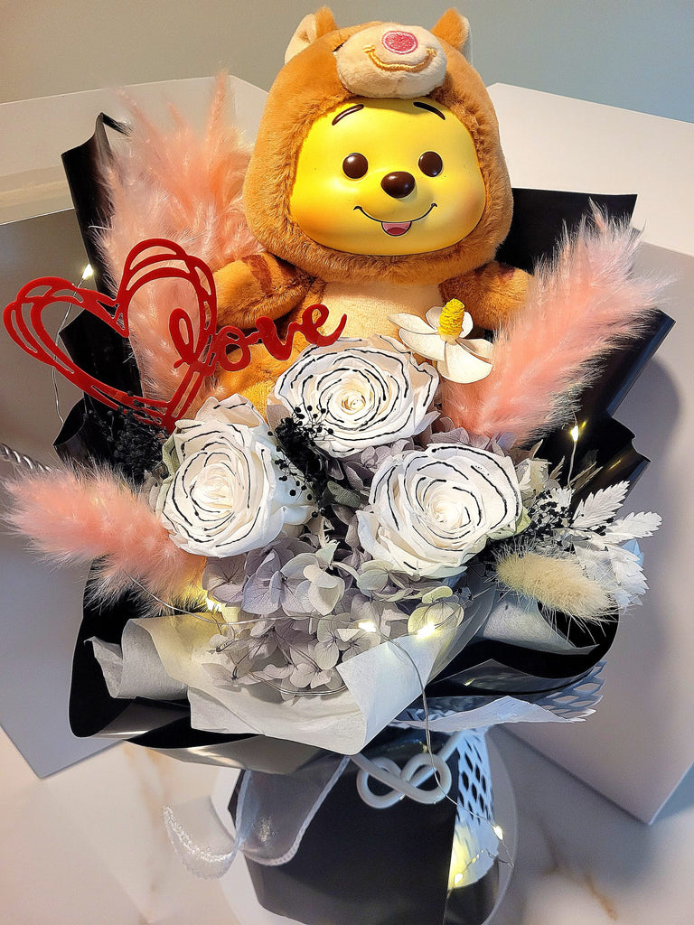 Premium Miniso Winnie The Pooh Plush With Timeless Romance Chanel White Preserved Roses Bouquet