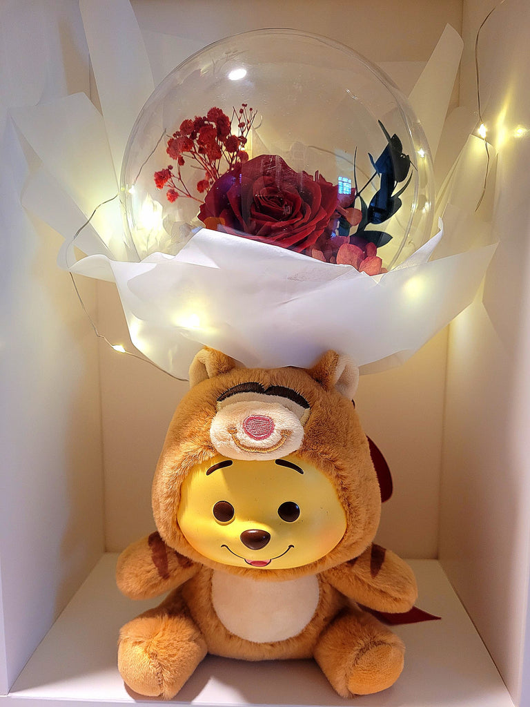 Premium Miniso Winnie The Pooh With Acrylic Ball Preserved Red Rose Flowers Bouquet