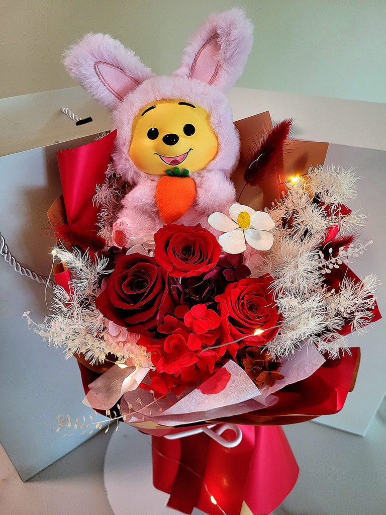 Premium Miniso Winnie The Pooh With Timeless Romance Dark Red, Wine Red and Antique Red Preserved Roses Bouquet