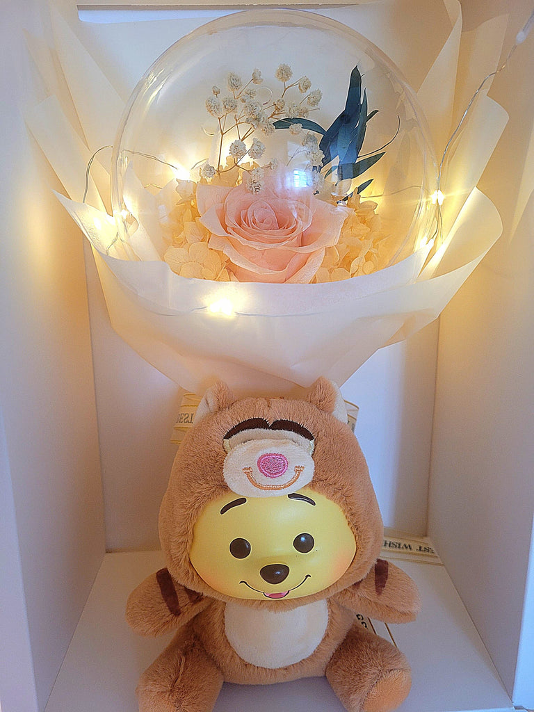 Premium Miniso Winnie The Pooh Vinyl Plush With Acrylic Ball Preserved Champagne Rose Flowers Bouquet.