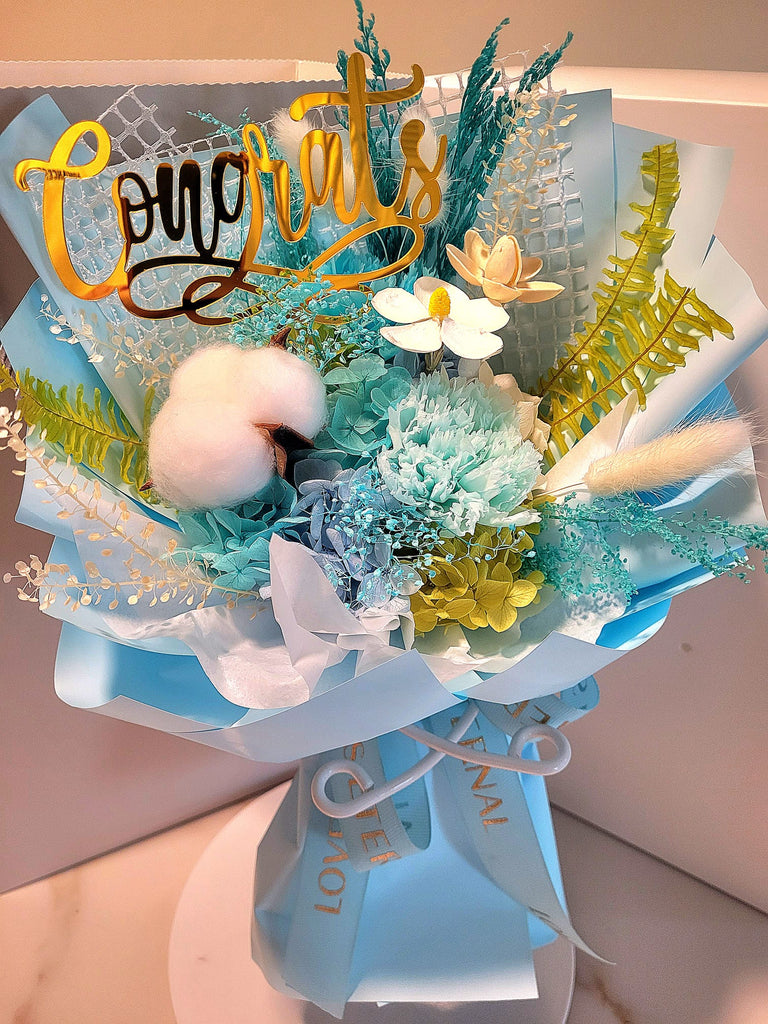 Congrats! Eternal Blossoms Preserved Blue Carnation Bouquet. Same Day Delivery.