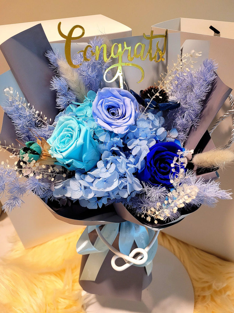 Congrats! Eternal Elegance Blue Preserved Roses Bouquet. Same Day Delivery
