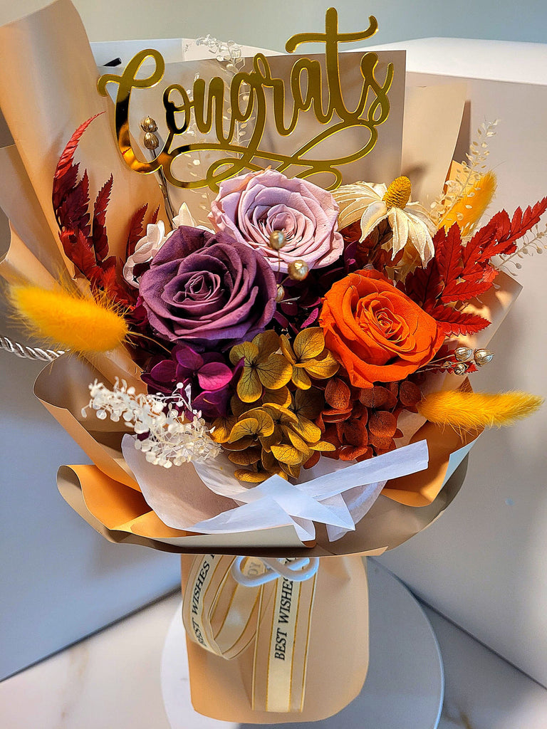 Congrats! Timeless Romance Dark Orange, Smoke And Light Pink Preserved Roses Bouquet.