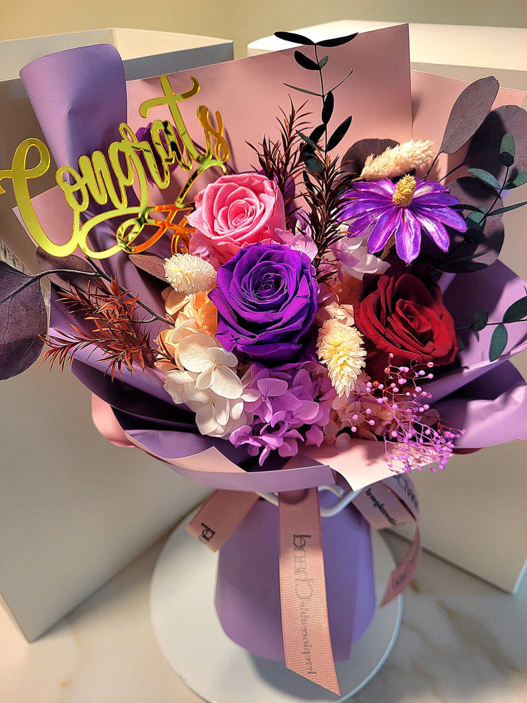 Congrats! Timeless Romance Dark Purple, Dark Red and Light Pink Preserved Roses Bouquet.
