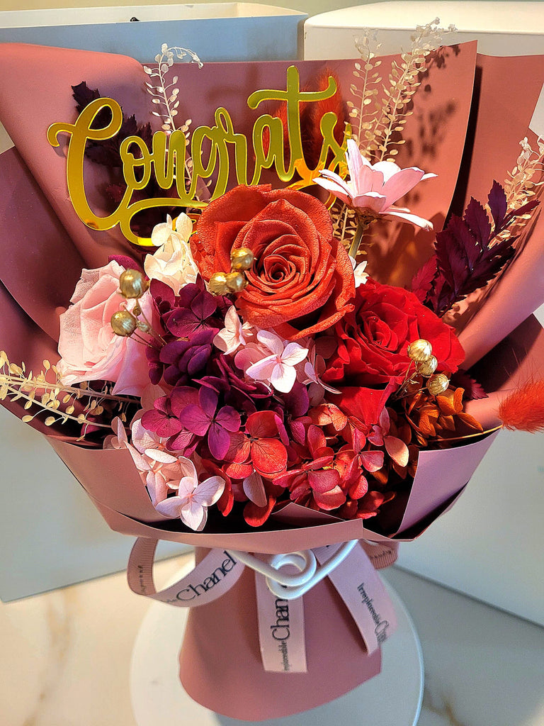 Congrats! Eternal Elegance Red Pink Preserved Roses Bouquet.