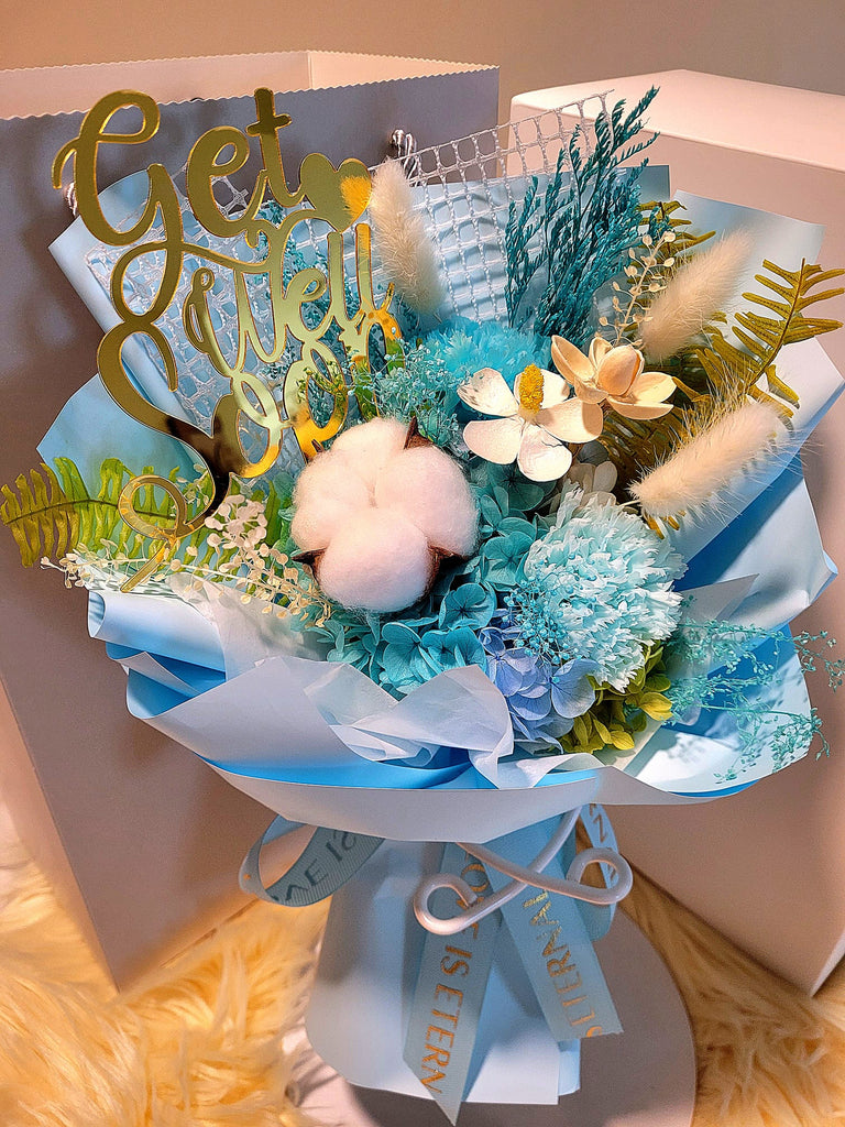 Get Well Soon! Eternal Blossoms Preserved Blue Carnation Bouquet. Same Day Delivery.