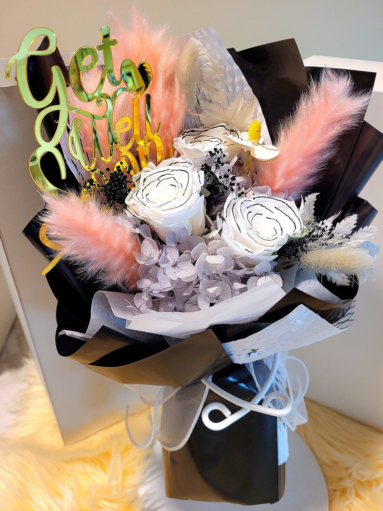 Get Well Soon! Chanel White Preserved Roses Bouquet. Same Day Delivery.
