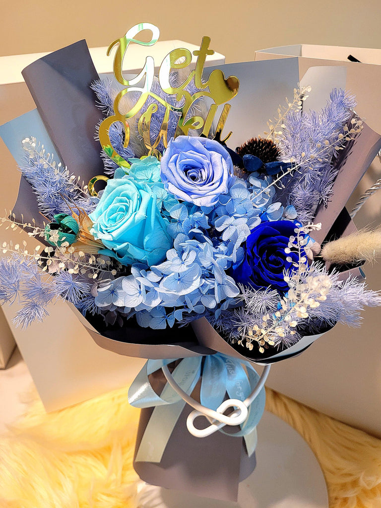 Get Well Soon! Eternal Elegance Blue Preserved Roses Bouquet. Same Day Delivery.