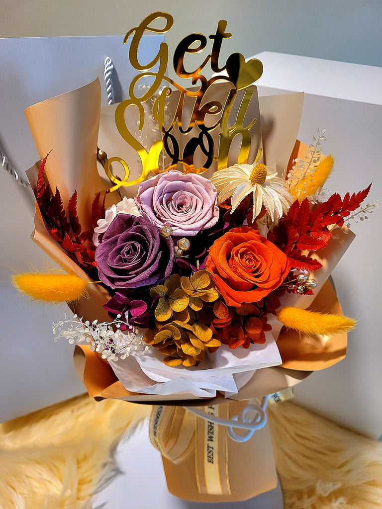 Get Well Soon! Dark Orange, Smoke And Light Pink Preserved Roses Bouquet
