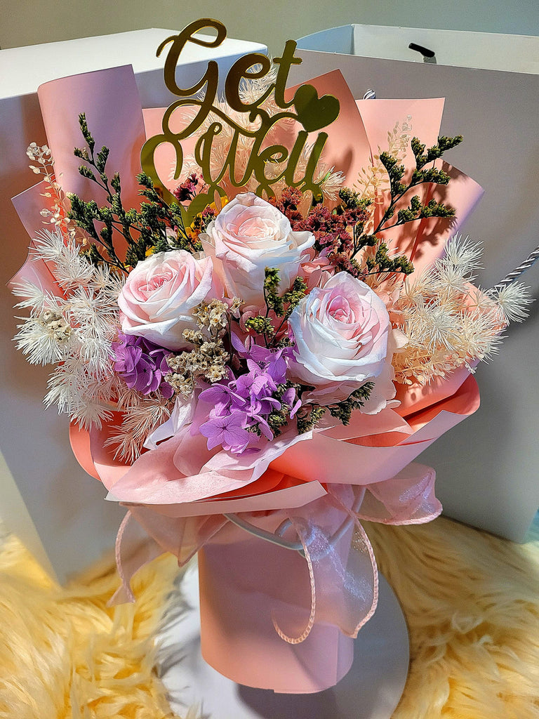 Get Well Soon! Multi-Pink Preserved Roses Bouquet. Same Day Delivery.