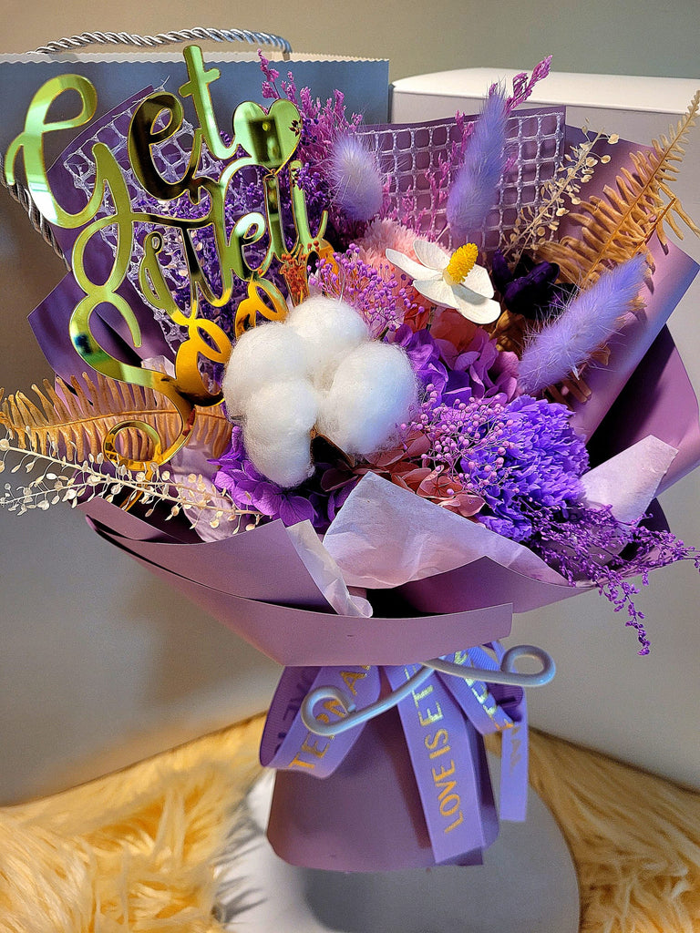 Get Well Soon! Eternal Blossoms Preserved Purple Carnation Bouquet. Same Day Delivery.