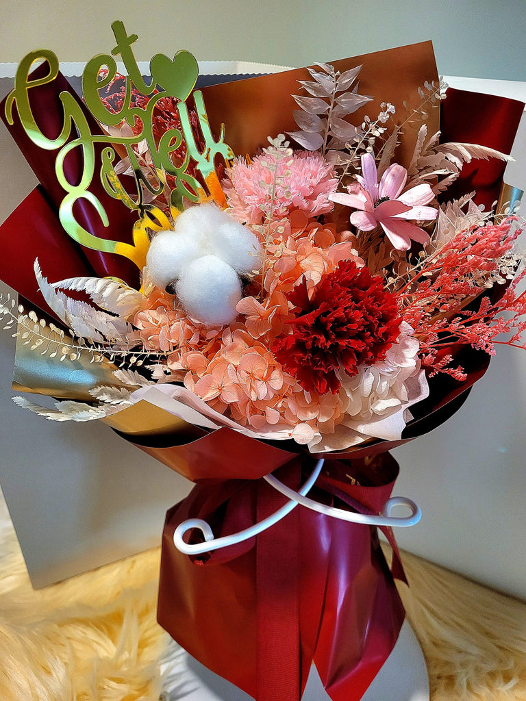 Get Well Soon! Eternal Blossoms Preserved Red Carnation Bouquet. Same Day Delivery.