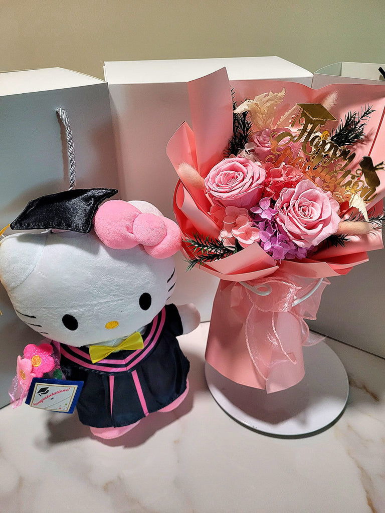 Graduation Bouquet With Big Hello Kitty Plush. Same Day Delivery.