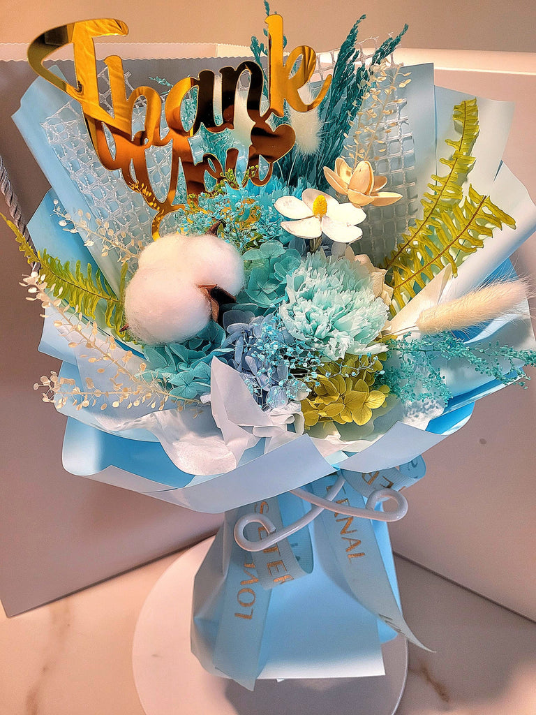 Thank You! Eternal Blossoms Preserved Blue Carnation Bouquet. Same Day Delivery.