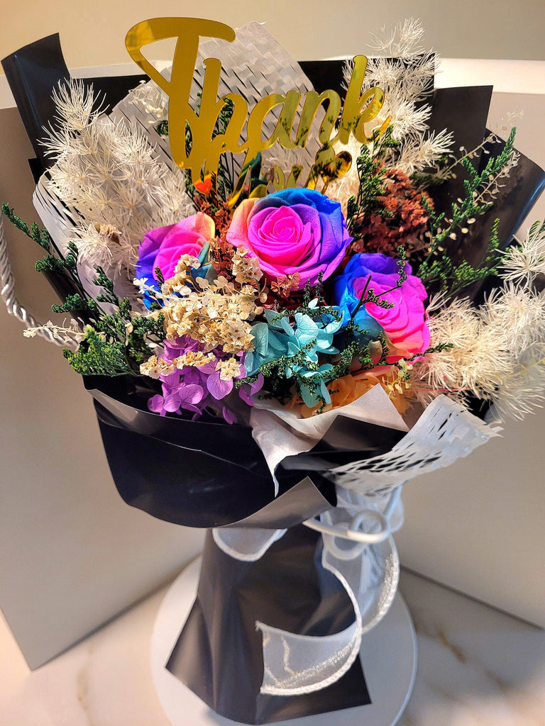 Thank You! Rainbow Preserved Roses Bouquet With Classy Black Wrapper.