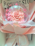 Acrylic Ball Preserved Pink Rose Flowers Bouquet With Love Bear Plush