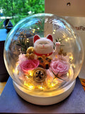 Lucky Cat With Pink Roses Personalised LED Preserved Flowers Dome. 100% High Quality Real Flowers. (Comes with a premium gift box)