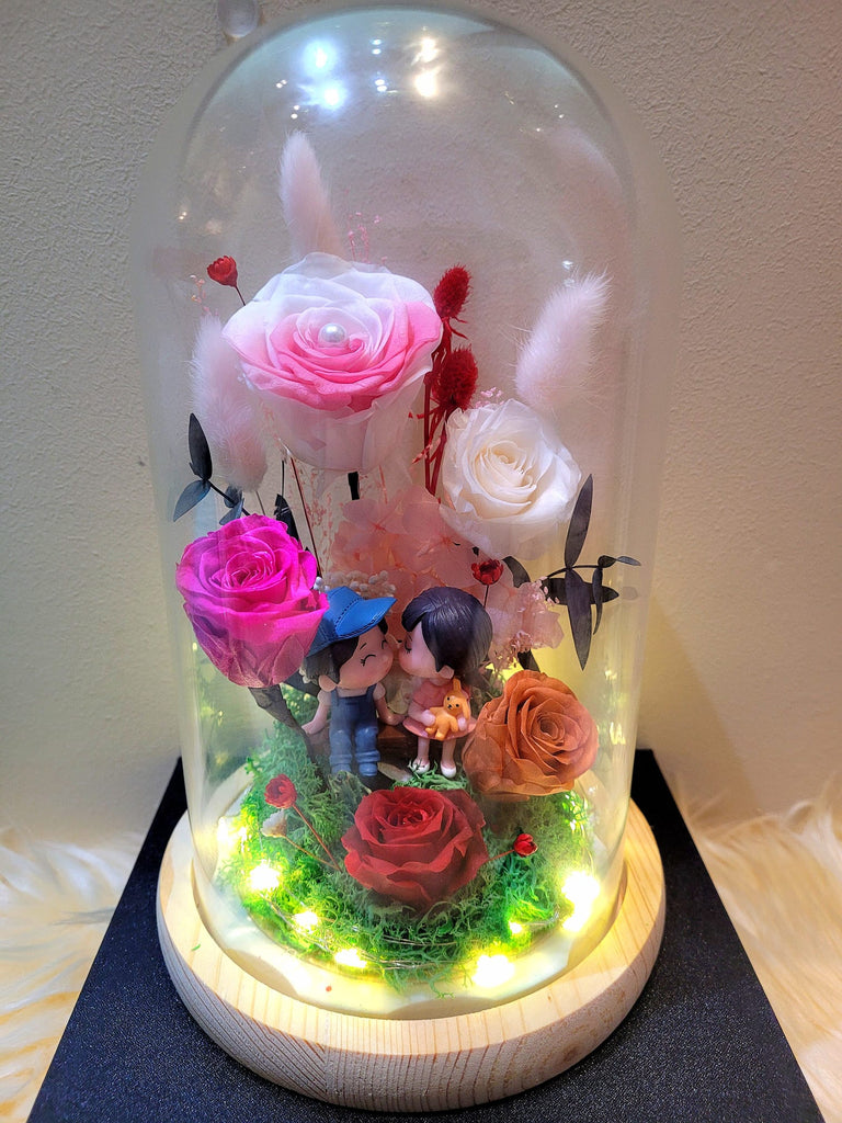 5 Roses Eternal Couple V2 Preserved Flower Dome (Pink Theme)