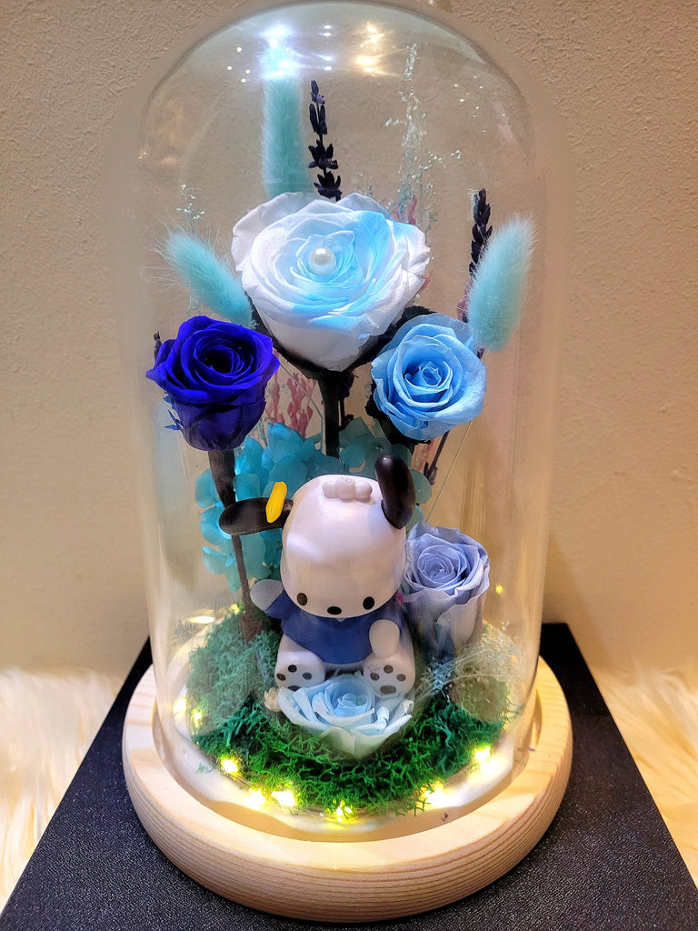 5 Roses Pochacho Preserved Flower Dome (Multi-Blue Theme)