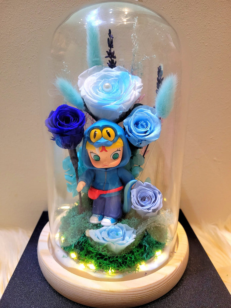 5 Roses Premium Popmart Molly Preserved Flower Dome (Multi-Blue Theme)