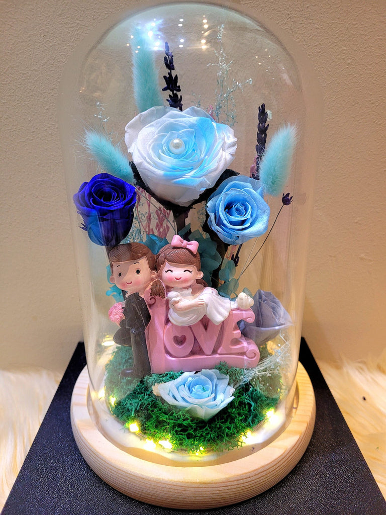 5 Roses Eternal Couple V1 Preserved Flower Dome (Multi Blue Theme)