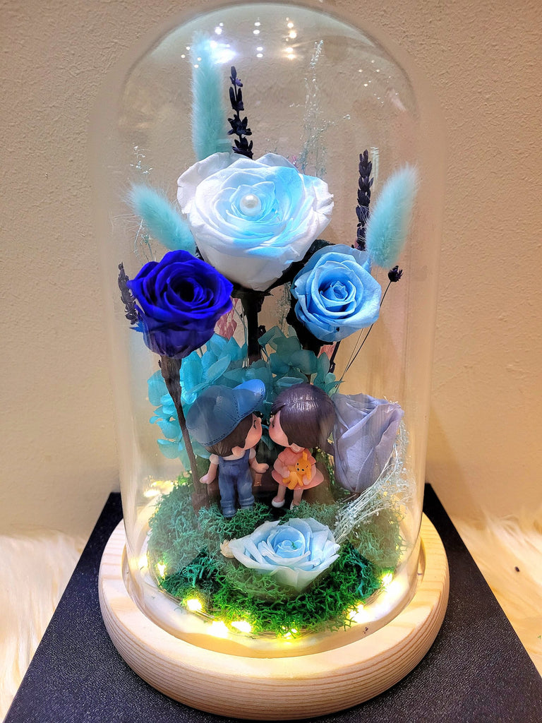 5 Roses Eternal Couple V2 Preserved Flower Dome (Multi-Blue Theme)