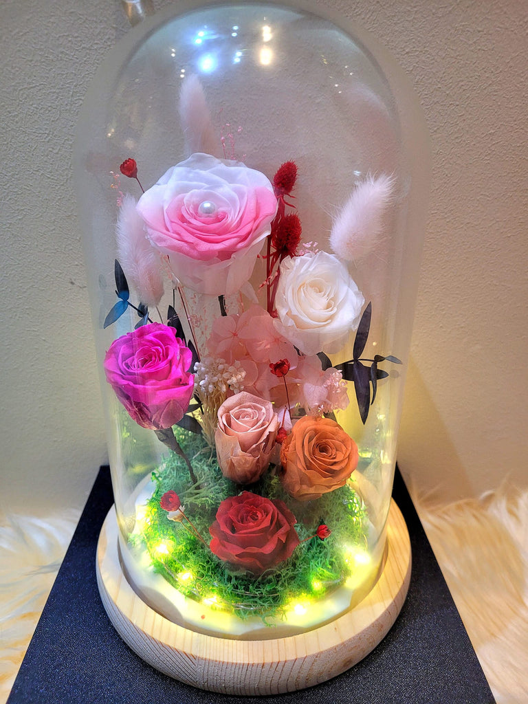 6 Roses Preserved Flower Dome And Same Day Delivery (Pink Theme)