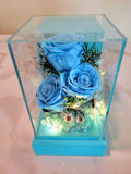 Preserved Blue Roses In Acrylic Box. 100% High Quality Real Flowers. Same Day Delivery