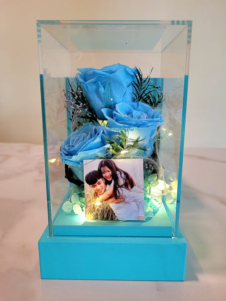 Preserved Blue Roses In Acrylic Box. Same Day Delivery