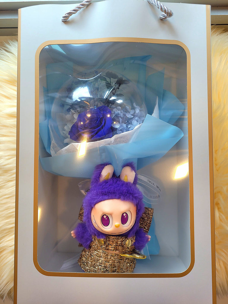 Acrylic Ball Preserved Dark Blue Rose Flowers Bouquet With Labubu Wings Of Fortune Plush