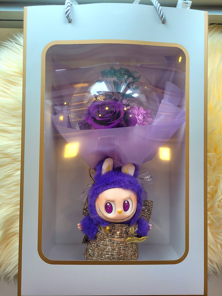 Acrylic Ball Preserved Purple Rose Flowers Bouquet With Labubu Wings Of Fortune Plush Toy. Same Day Delivery.