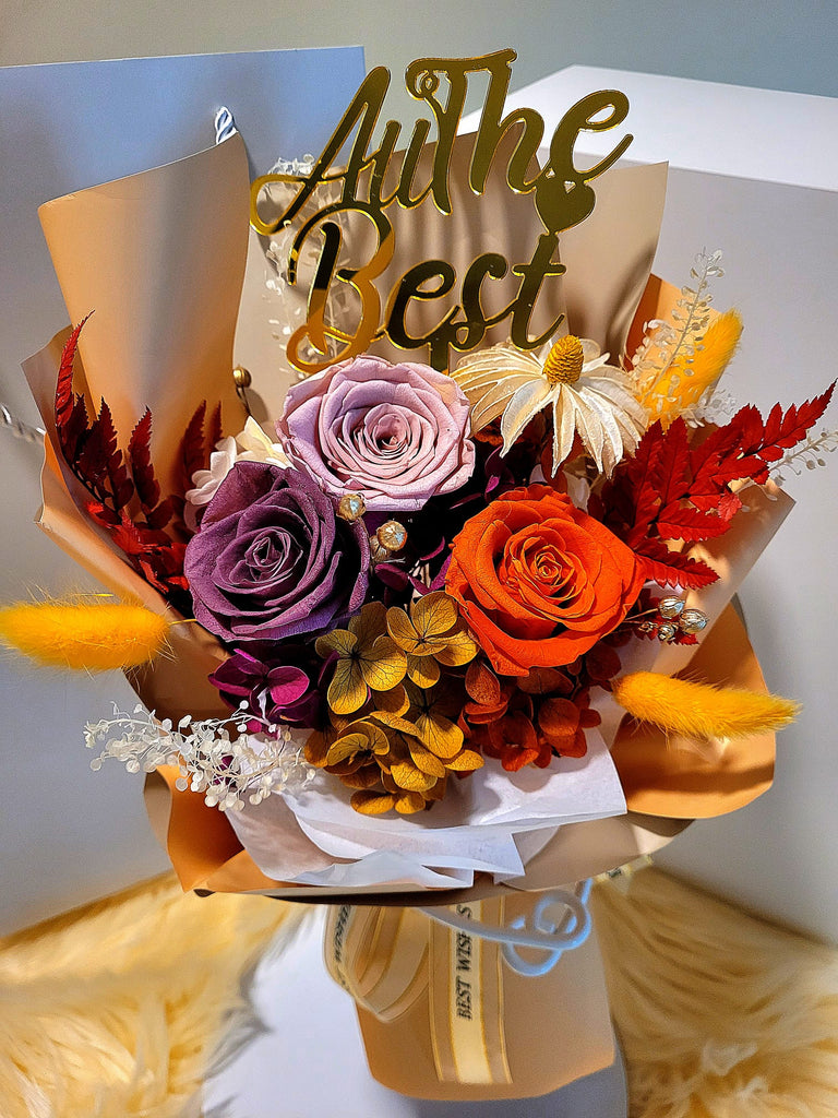 All The Best! Dark Orange, Smoke And Light Pink Preserved Roses Bouquet