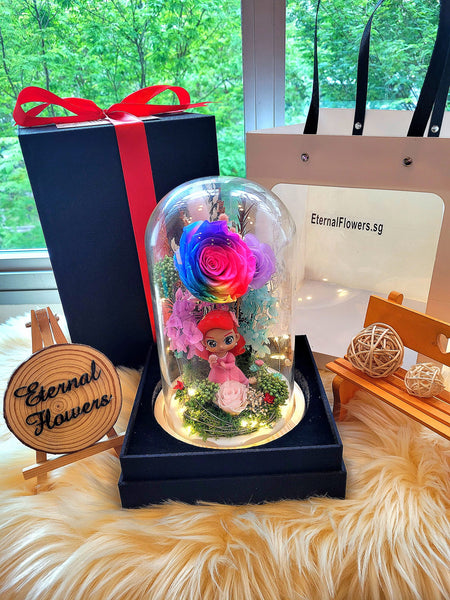 Princess Ariel Preserved Flower Dome With Rainbow Roses