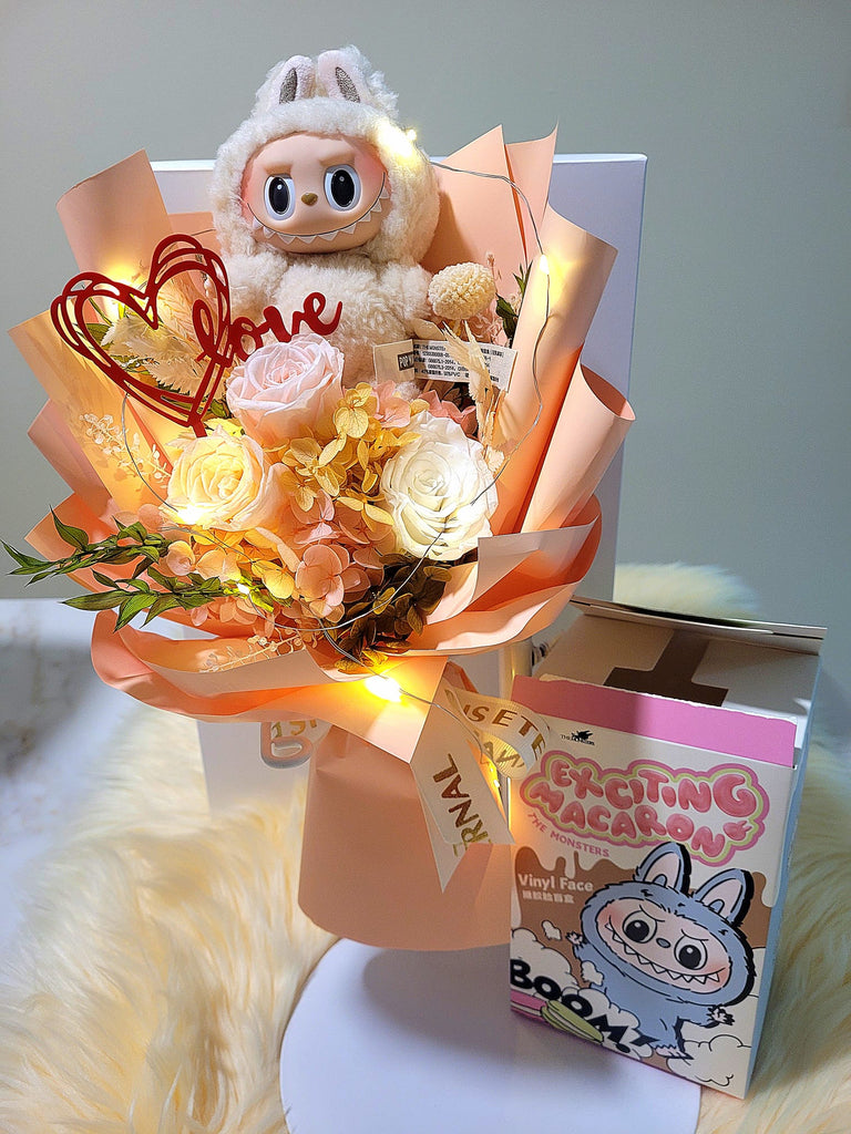 AUTHENTIC LABUBU Plush with Eternal Elegance Peach White Pink Preserved Roses Bouquet