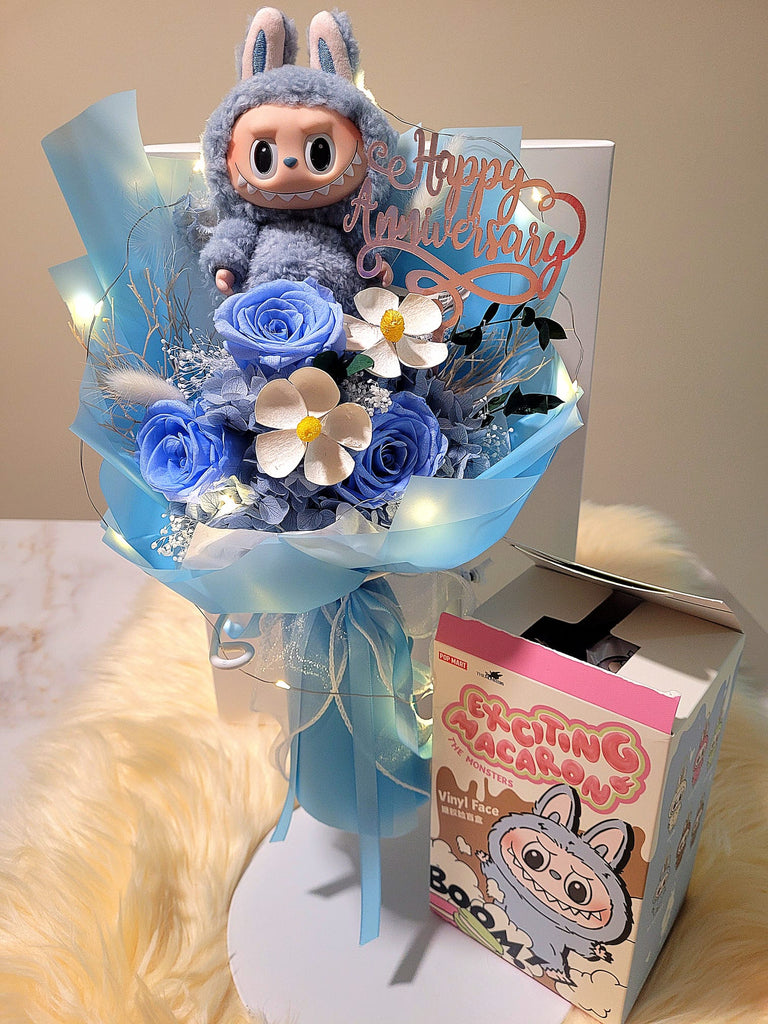 AUTHENTIC LABUBU Plush With Timeless Romance Blue Preserved Roses Bouquet