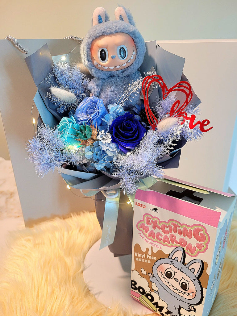 AUTHENTIC LABUBU Plush with Eternal Elegance Blue Preserved Roses Bouquet