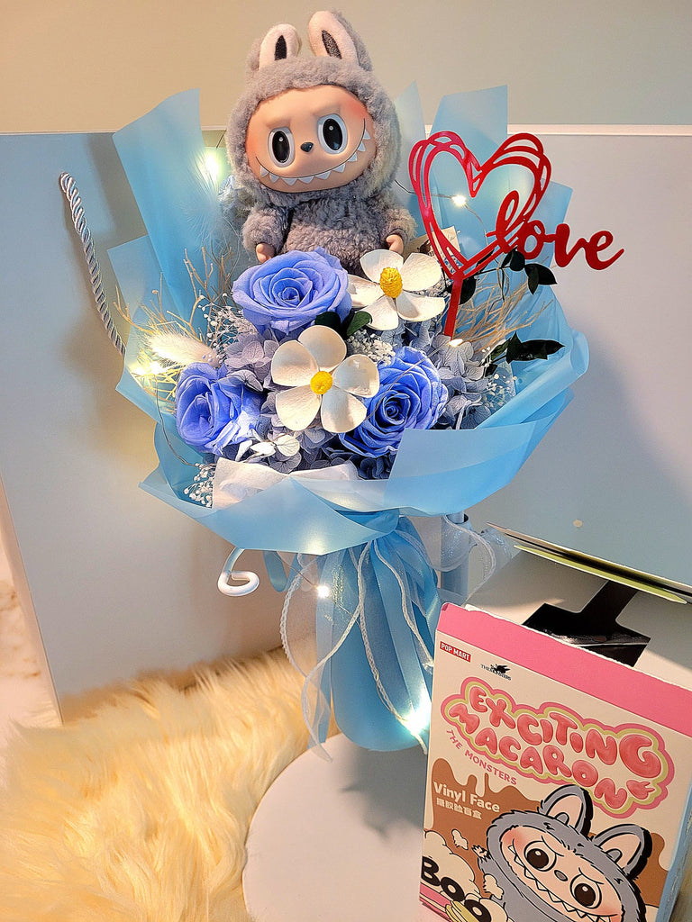 Labubu In Blue AUTHENTIC LABUBU Plush With Blue Preserved Roses Bouquet